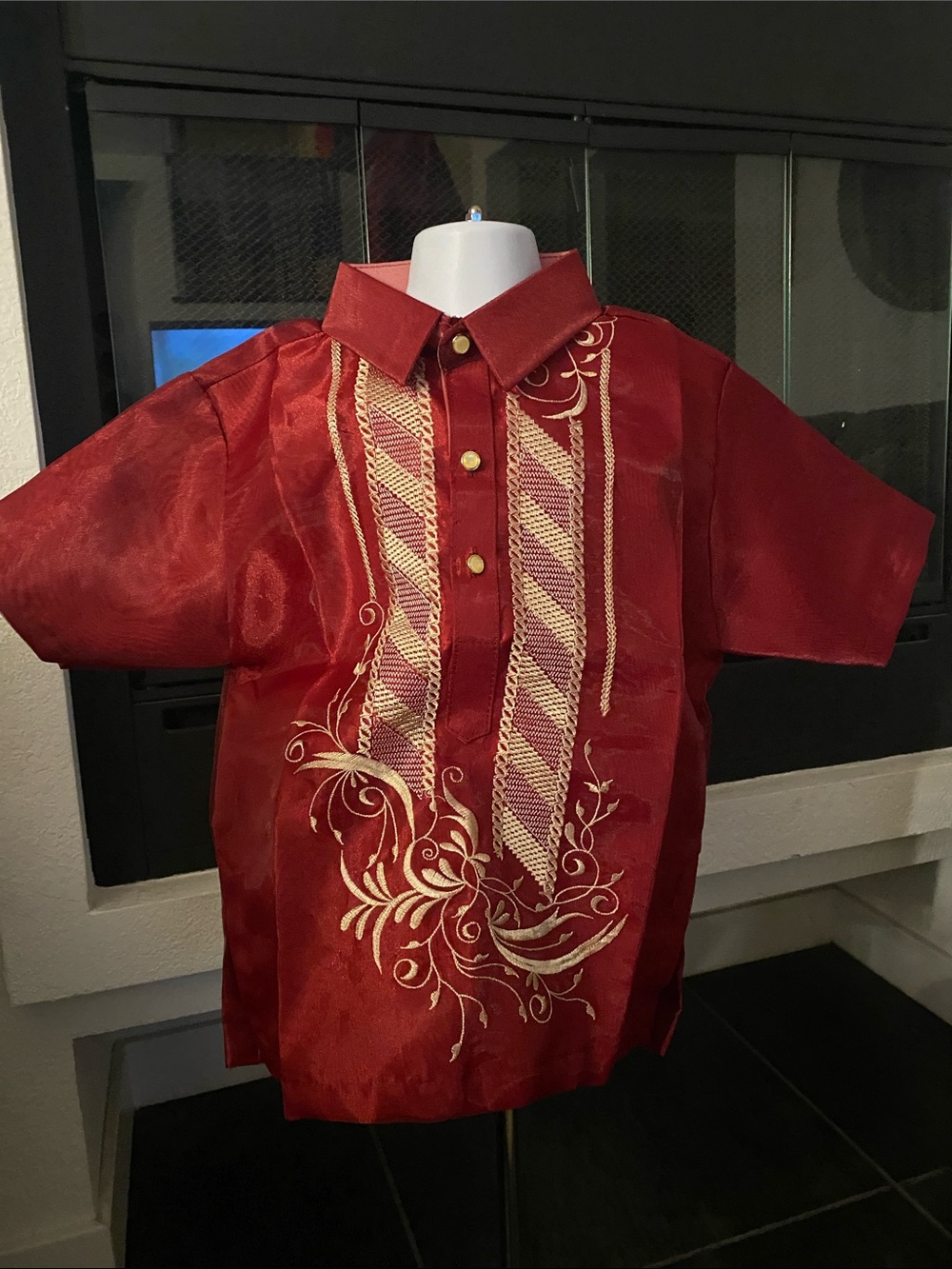 Boys' Maroon Embroidered Dress Shirt - Traditional Filipino Barong-Inspired Top